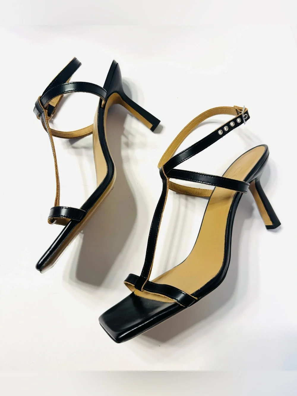 EUC COS Elegant Black Strappy Square Toe Leather Heeled Sandals US11 Minimalist